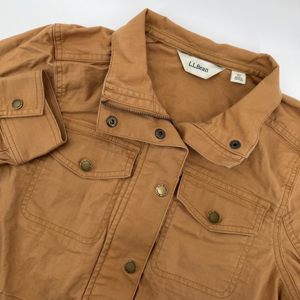L.L.Bean Women XS Utility Field‎ Jacket Button Snap Zip Brown Cotton Spandex